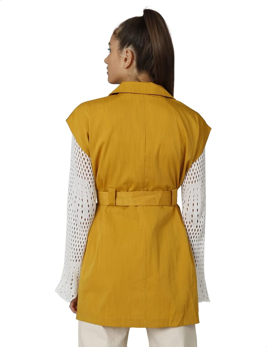 2Xtremz Waist-Belt Notched Lapel Solid Coat For Women