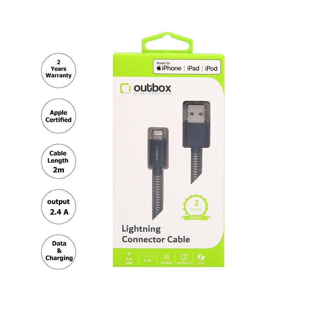 Outbox lightning to usb charging and data transferring cable for apple mobile phones, 2.4 a, 2 meters - black and white