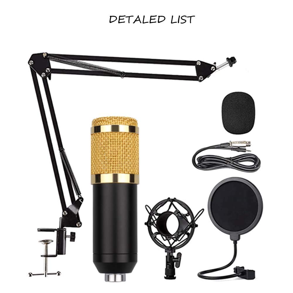 مجموعة ميكروفون BM-800 طقم مايك مع كارت صوت V8 مكثف وميكسر دي جي ذراع متقاطع للميكروفون قابل للتعديل مثبت عازل للصدمات معدني وفلتر بوب مزدوج الطبقة لتسجيل الاستوديو والبث بلوتوث ذهبي من اكس كيس