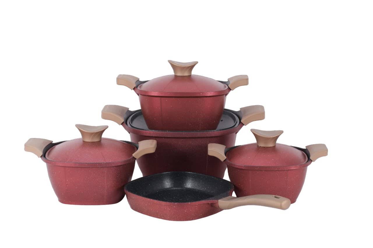 طقم جرانيت كوري بتصميم مربع9  قطع من نيو كلاين (4 حلل + طاسة قلي) صندوق تالف