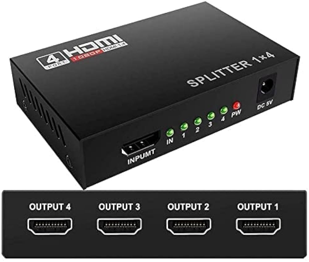 Exon X1049 1x4 HDMI Splitter - 1 In 4 Out Full HD 1080P Duplicate Screen Monitor Switch for PC, PS3/4/5, HDTV, Projector