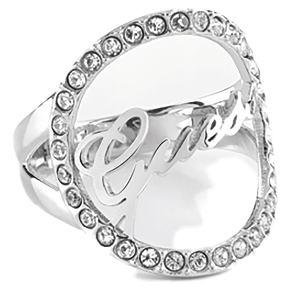Guess Stainless Steel Zircon Embellished Stone Front Logo Ring for Women - Silver