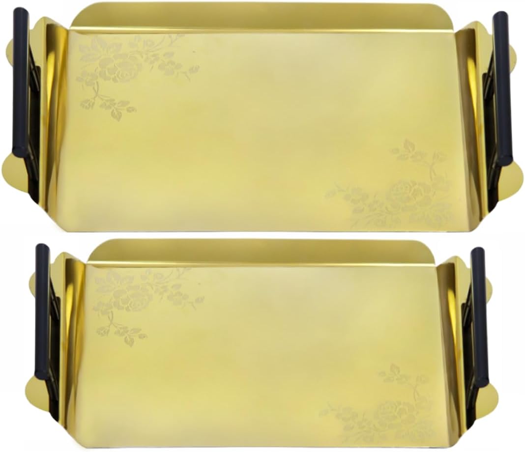 2 Brother's Stainless Steel Serving Tray Set 2 Pieces Gold & Black with Handles Kitchen Trays – Safqqa Egypt