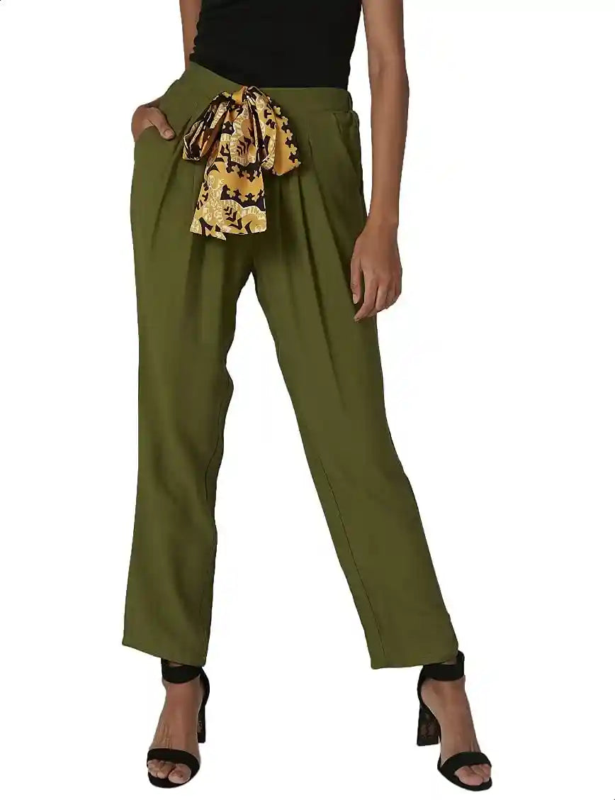 High Elastic Waist Straight-Fit Pants for Women - Olive, XL - Safqqa Egypt