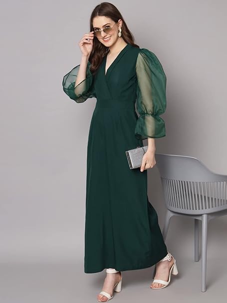 Styleville.in Women’s Wide Leg Jumpsuit Organza Sleeve Green