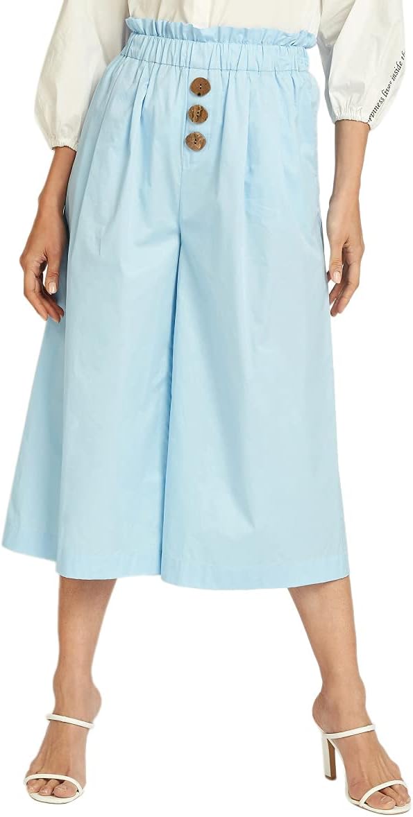 Splash Youth Plain Front Button Wide Leg Cropped Pants for Women