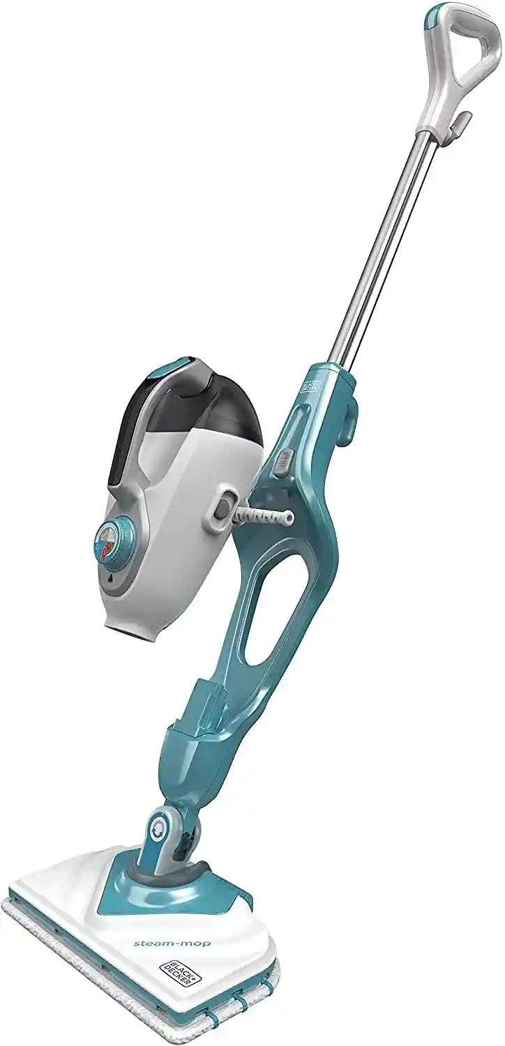 BLACK+DECKER 2-in-1 Steam Mop, 1600W, Fast Heat-Up, Delta Head, Steam Mitt, 11 Accessories, Kills 99.9% of Germs, Auto Select, Microfiber Pad, ECO Friendly, White/Aqua - BHSM166DSM-GB - Safqqa Egypt