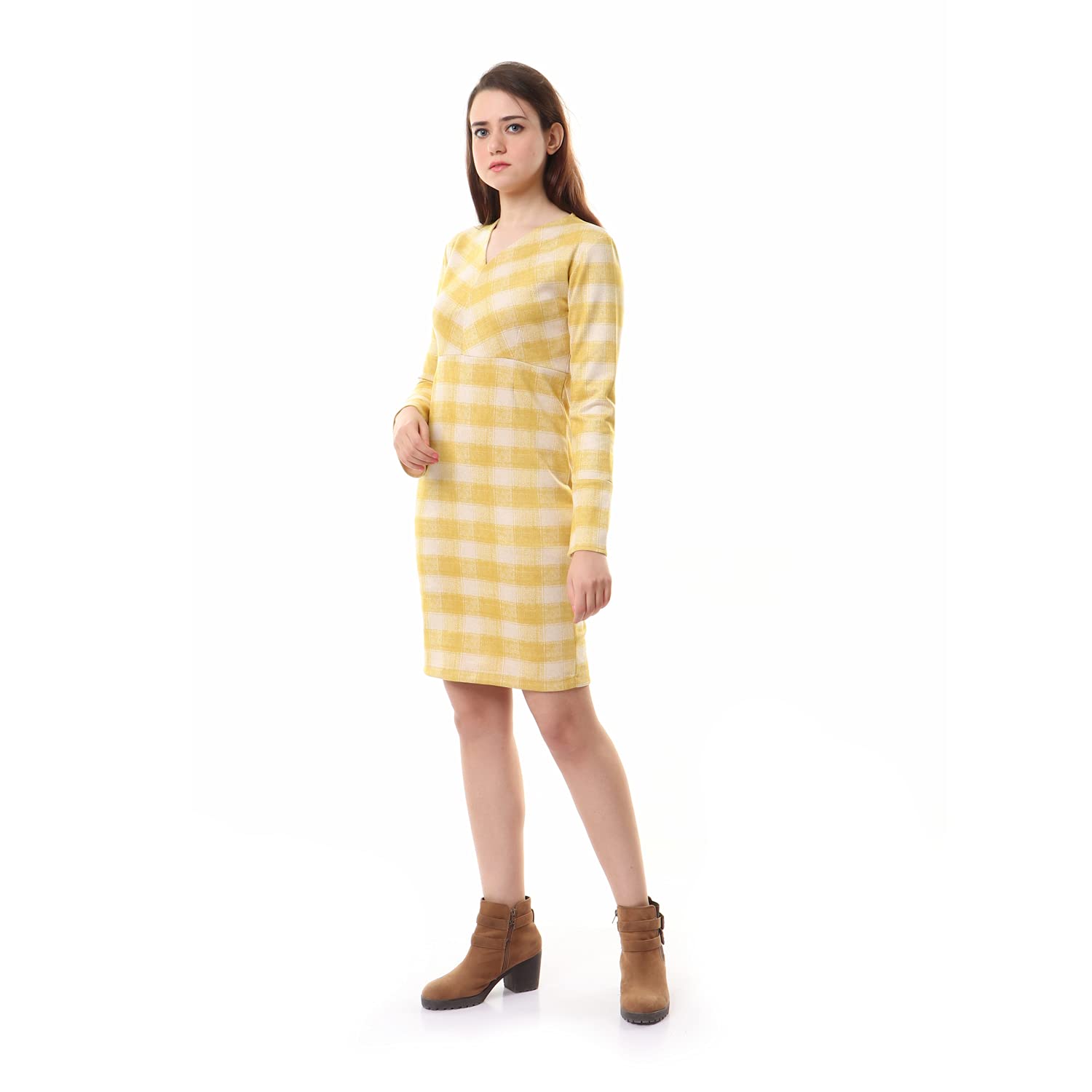 Andora Women's V-Neck Long Sleeves Plaid Dress - Light Yellow Casual Dress