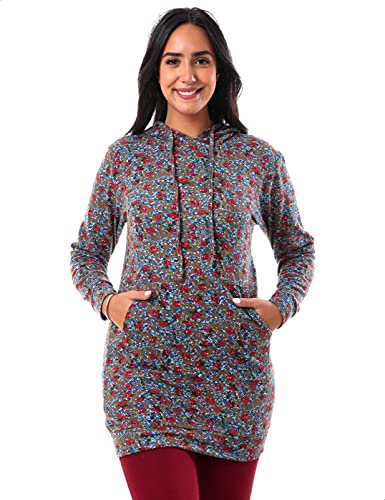 Jamila Women's Cotton Floral Pattern Kangaroo Pocket Longline Hoodie - Safqqa