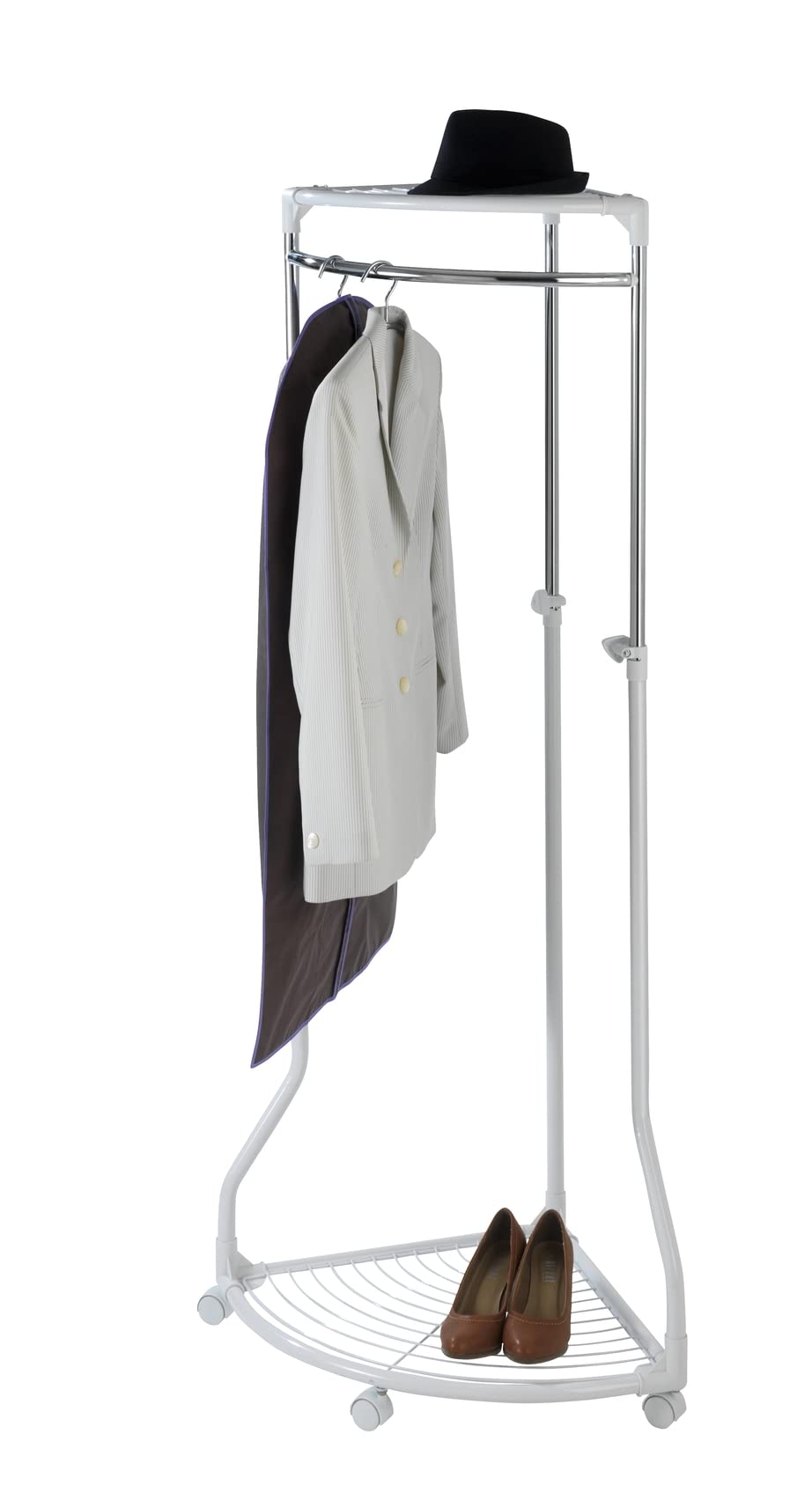 WENKO Coat Rack Freestanding, Clothes Hanger Stand for Entryway, Coat Rack with Shoe Storage, Adjustable Corner Coat Rack, White/Chrome, Holds up to 110lbs, 27.6 x 44-65.4 x 21.7 in