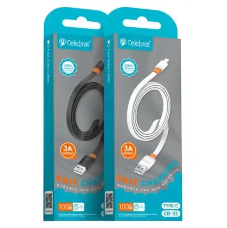 Celebrat CB-33 USB to Type-C Cable – 3A Fast Charging, 480Mbps Data Transfer, 1M Flat Tangle-Free Design – Black - Safqqa Egypt