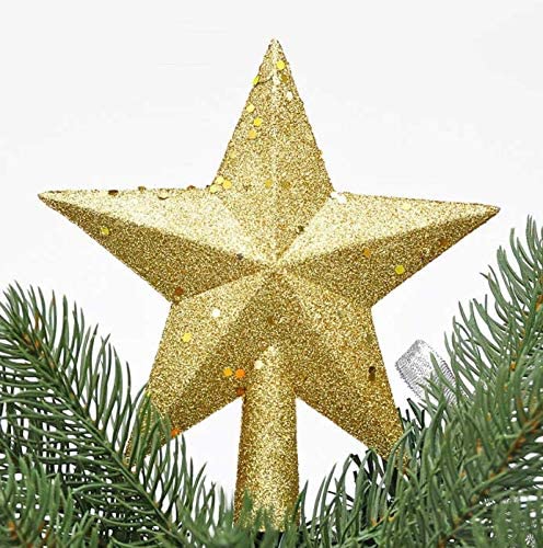 نجمة خماسية مدببة ذهبية لتزيين شجرة الكريسماس بطول 15 سم مطلية بمسحوق لاصق من الترتر للكريسماس من اوزر