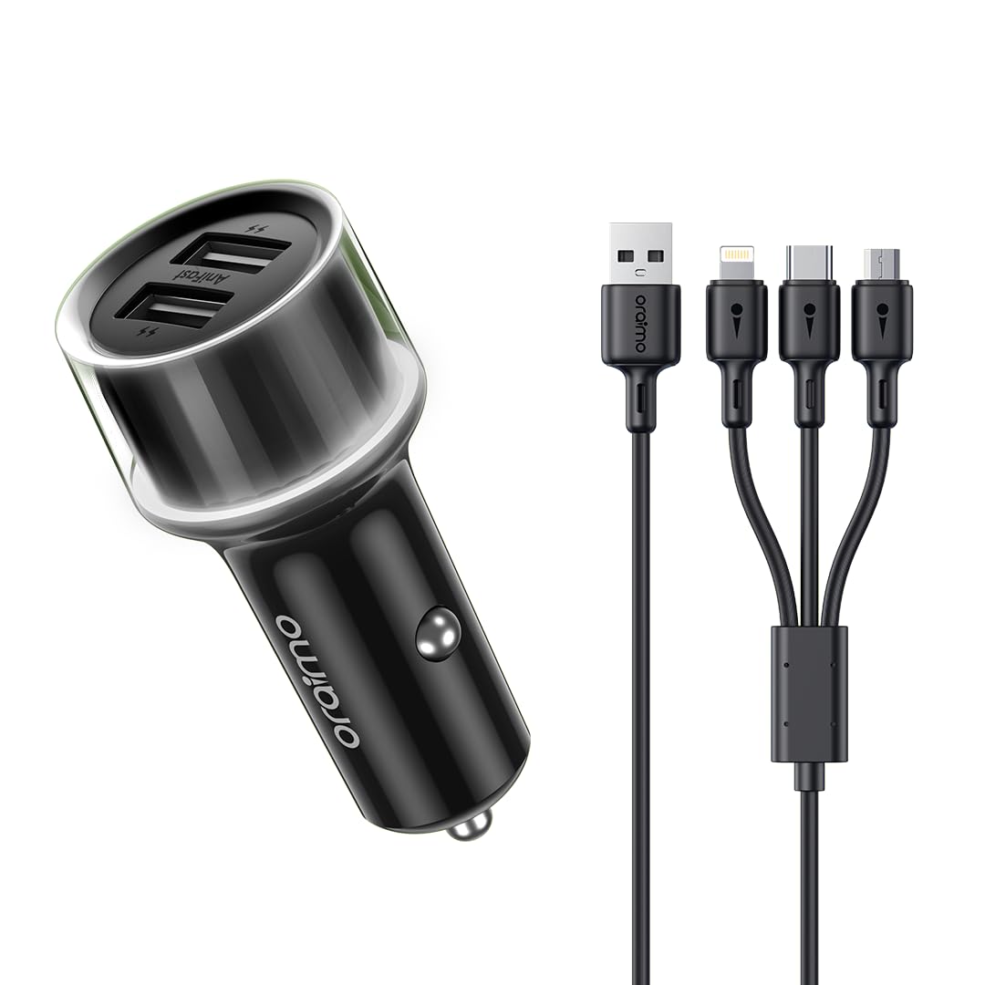 Oraimo Fast Car Charger – Dual USB 15.5W with 3-in-1 Charging Cable