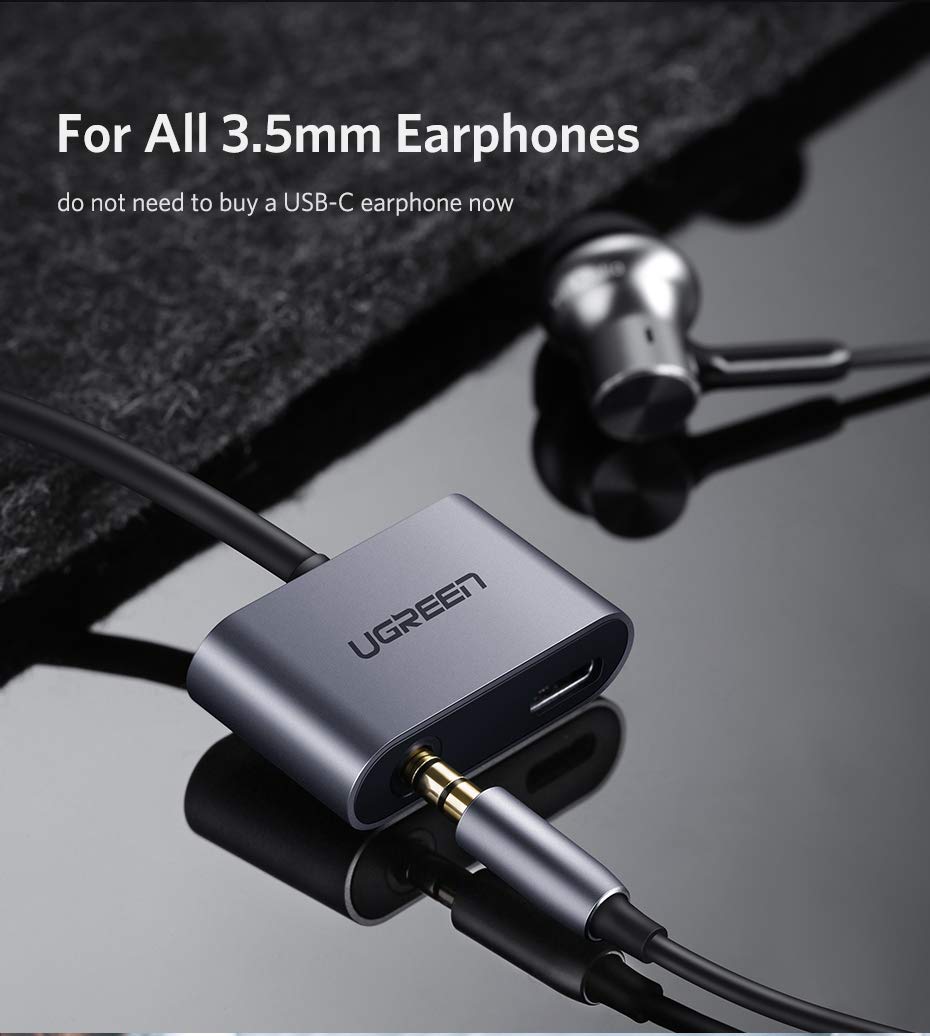محول UGREEN USB C إلى 3.5 مم 2 في 1 USB C إلى سماعة رأس وشحن محول صوتي ألومنيوم شاحن سريع وسماعات متوافق مع Huawei P30 Pro P20 P20 Pro Mate 20 Pro، OnePlus 8/8pro Xiaomi Mi 9/8