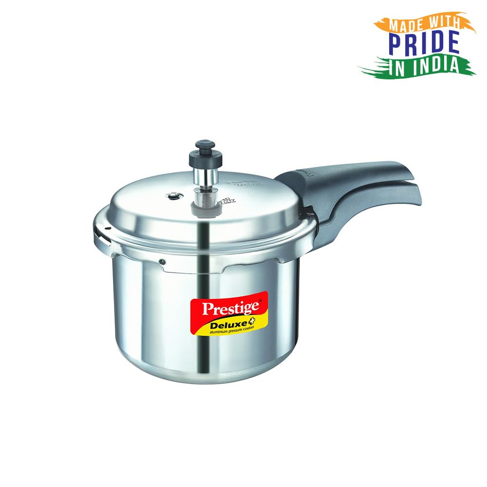 Prestige Deluxe Plus 3 Litre Pressure Cooker|Aluminium|Double Screw Durable Handles|Exclusive Pressure Indicator|Induction Compatible-Silver-Have Scratches