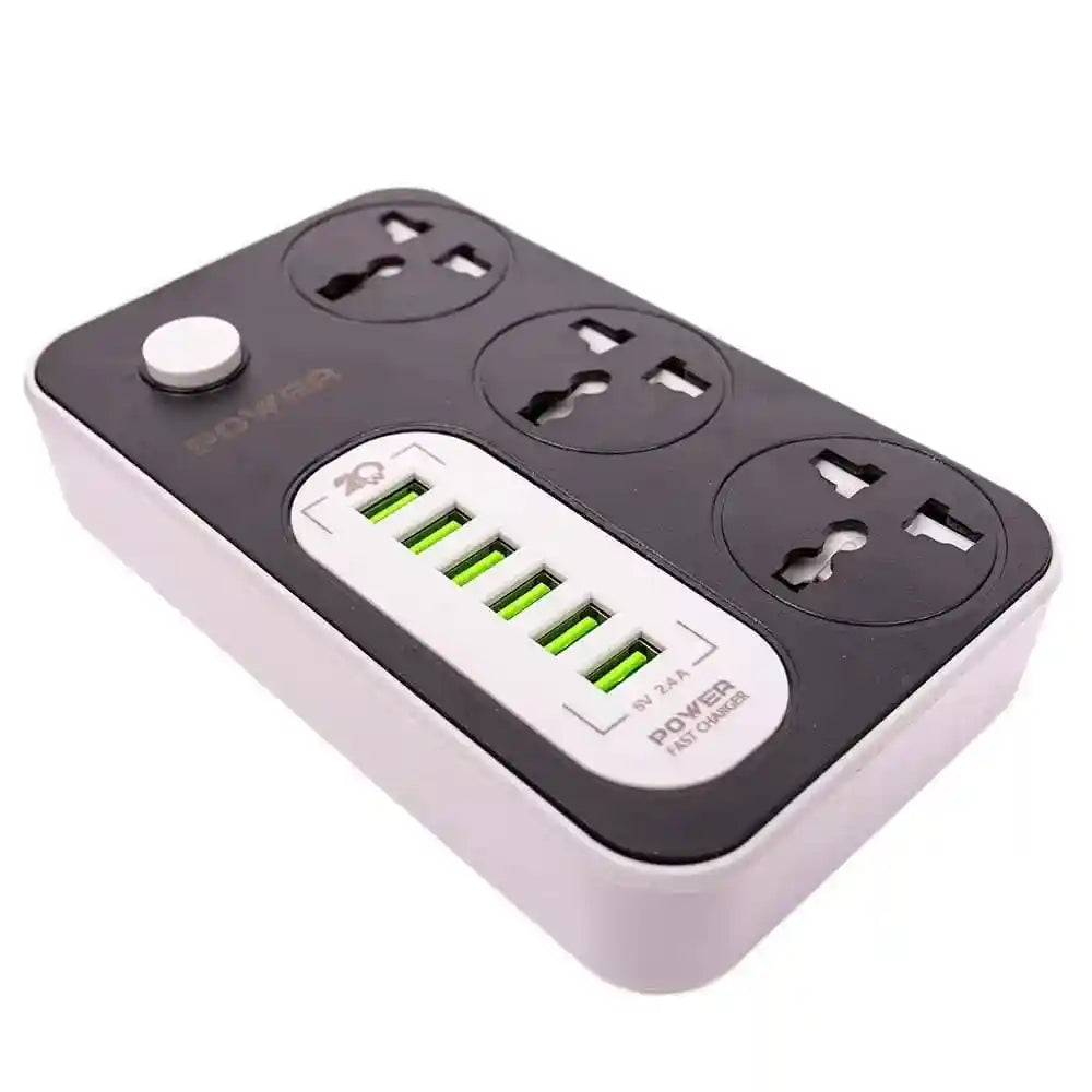 G-Power ws341 power strip surge protector 220v with 3 universal international socket and smart 6 usb charging ports 2.4a - black grey - Safqqa Egypt