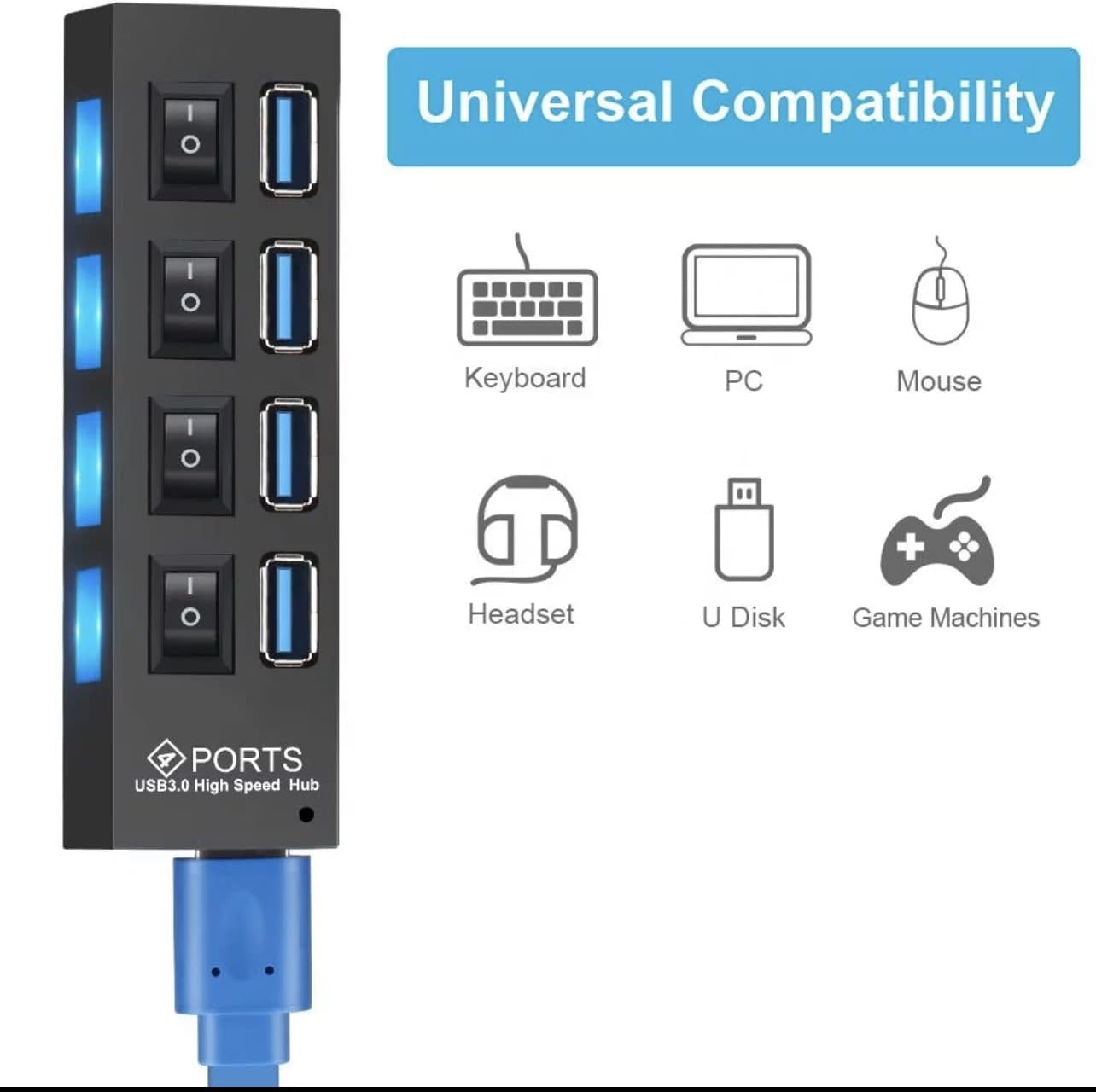 موزع USB من Essential’s بـ 4 منافذ مع مفاتيح تشغيل فردية مضيئة. متوافق مع الكمبيوتر واللابتوب