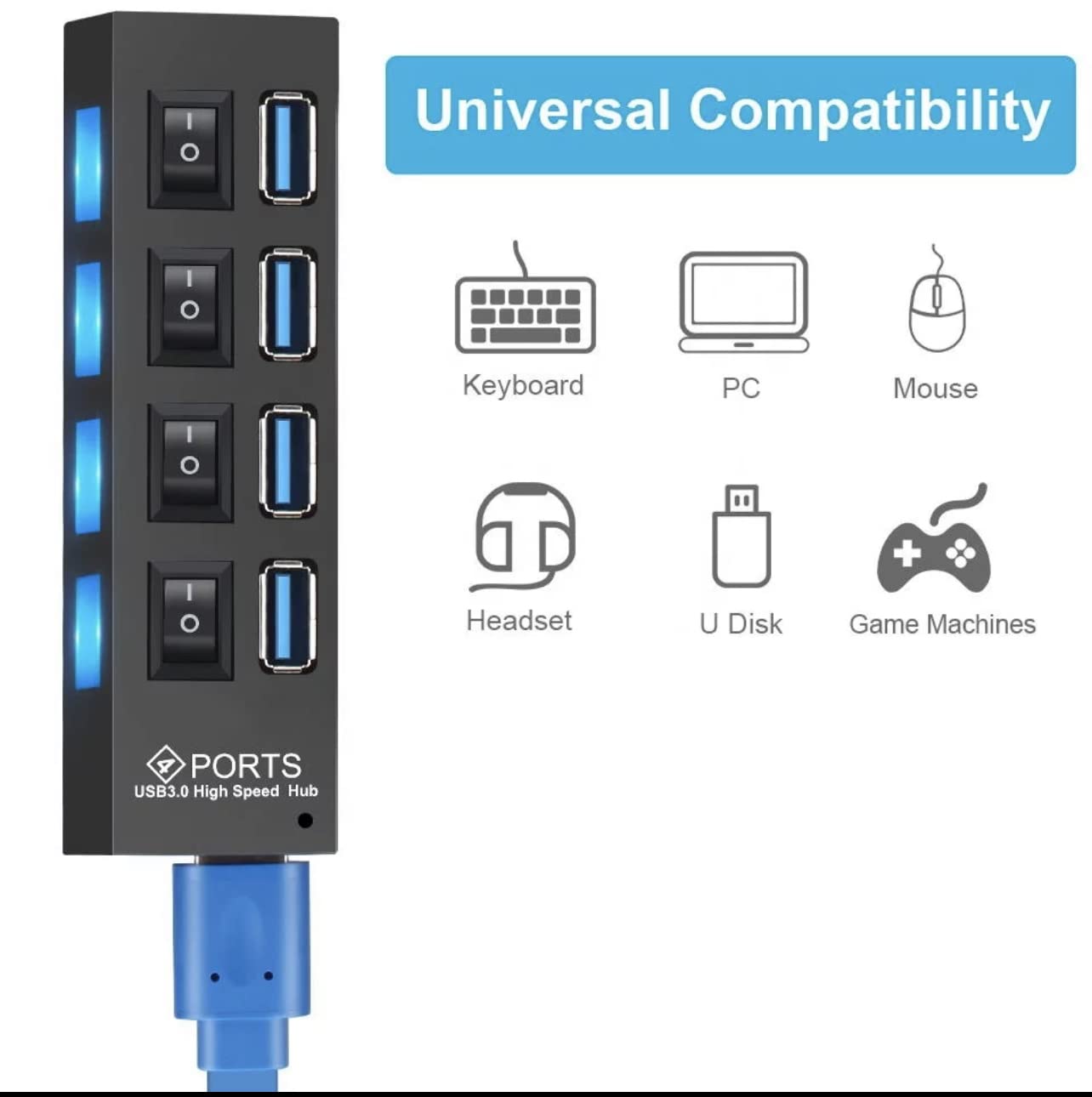 موزع USB من Essential’s بـ 4 منافذ مع مفاتيح تشغيل فردية مضيئة. متوافق مع الكمبيوتر واللابتوب