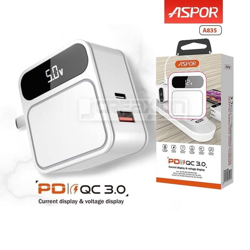 ASPOR A835 PD+QC Fast Charger with EU Pin & iPhone Cable - White