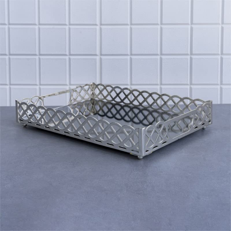 Zeyve Knit Pattern Laser Tray Silver 40X30X6Cm