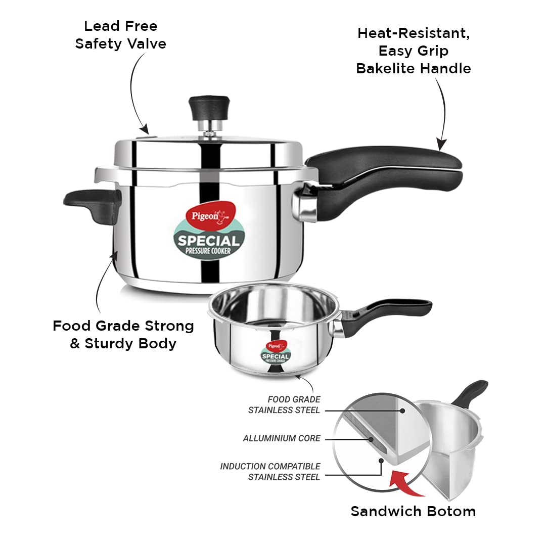 Pigeon By Stovekraft Special Stainless Steel Pressure Cooker with Outer Lid Induction and Gas Stove Compatible 2 3, 5 Litre Capacity for Healthy Cooking (Silver)-Damage Box- Have Scratches