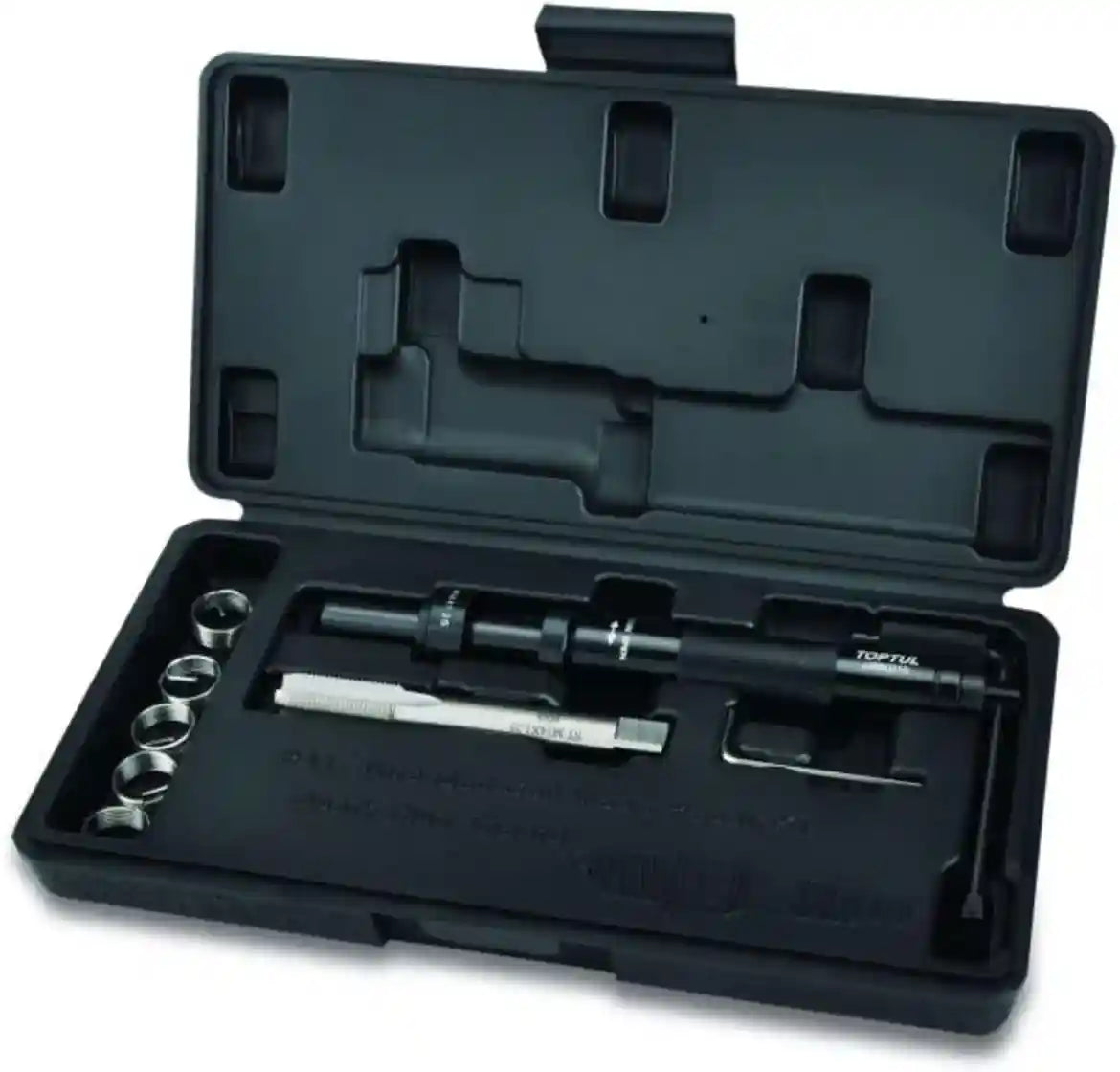 مجموعة تصليح الخيوط اللولبية الاحترافية توب تول موديل JGAI1003 مكونة من ١٠ قطع، مصممة لإصلاح الخيوط التالفة أو الممزقة في المكونات المعدنية. تحتوي المجموعة على أدوات التركيب اللازمة لتسهيل التركيب بدقة – Safqqa Egypt