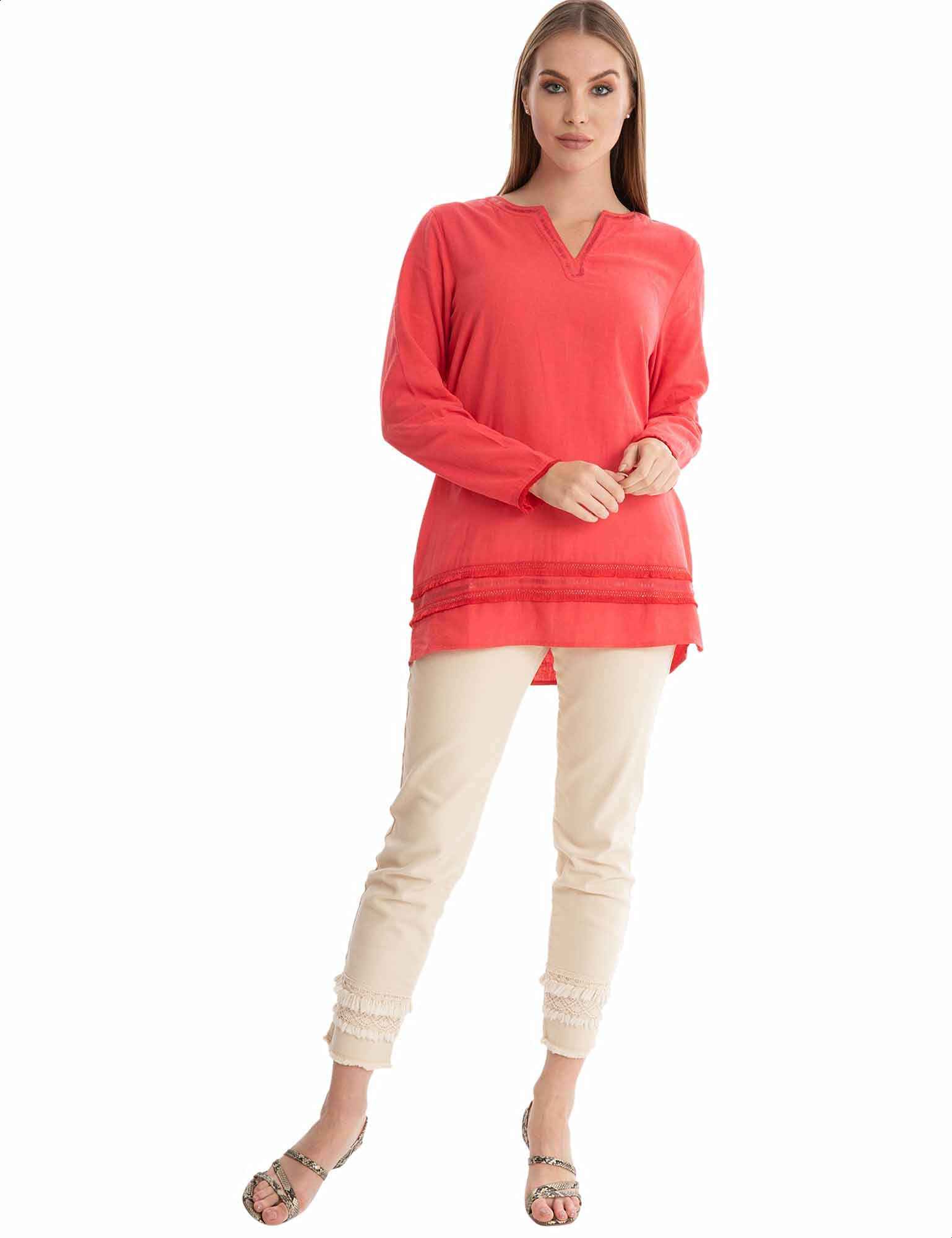 Dalydress Cotton V-Neck Long Sleeves Fringe Detail Blouse for Women - Safqqa Egypt