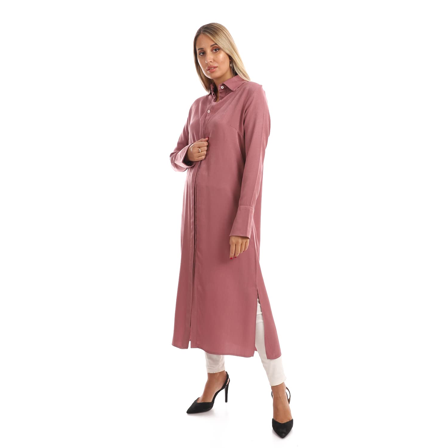 Jamila Women long sleeves soft satin buttoned shirt dress