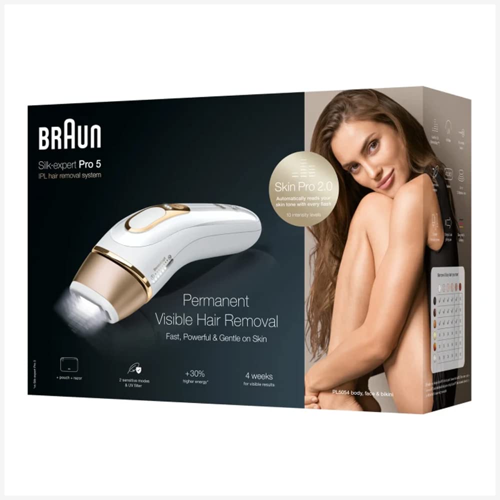 Braun Silk-expert Pro 5 PL5054 IPL With 2 extras Venus Razor, Soft Pouch, Up to 6 months of Salon-like smooth skin from head to toe, 400.000 flashes – PL5054