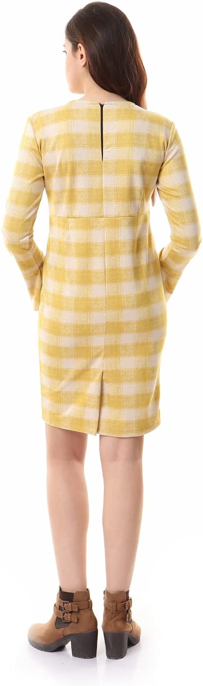 Andora Women's V-Neck Long Sleeves Plaid Dress - Light Yellow Casual Dress