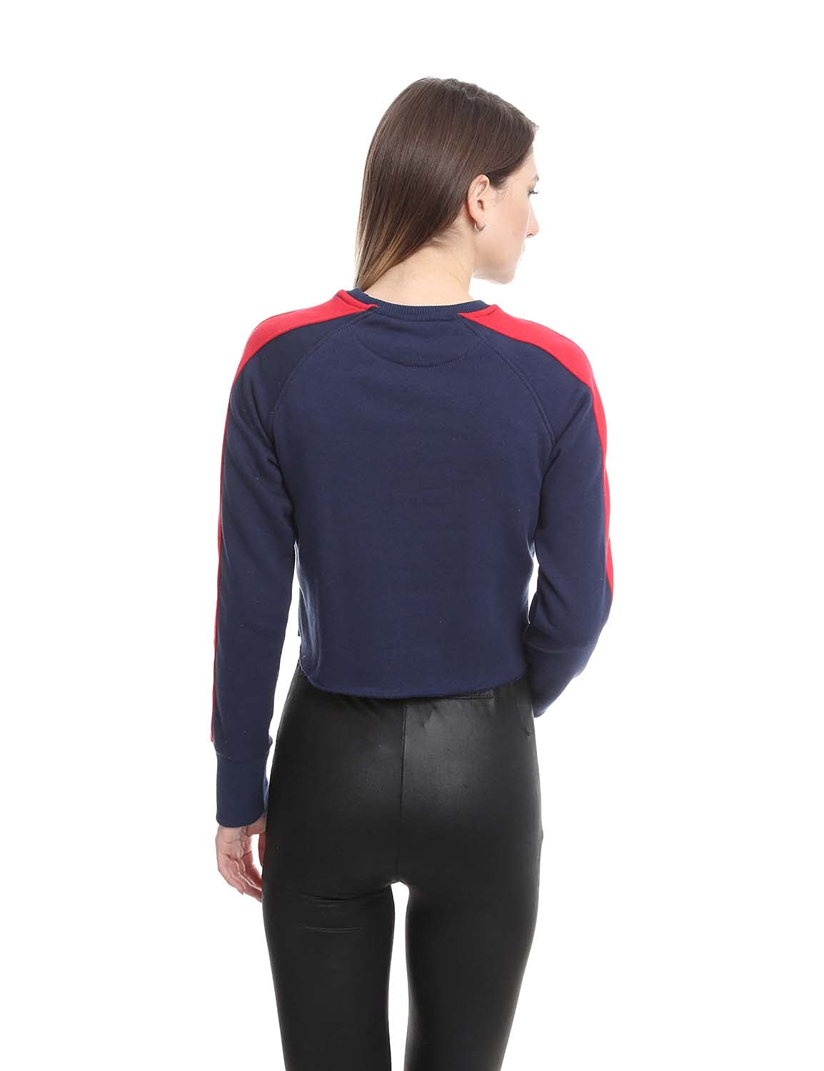 U Athleisure Side Stripe Ribbed Trims Crew Neck Cropped Sweatshirt For Women,
