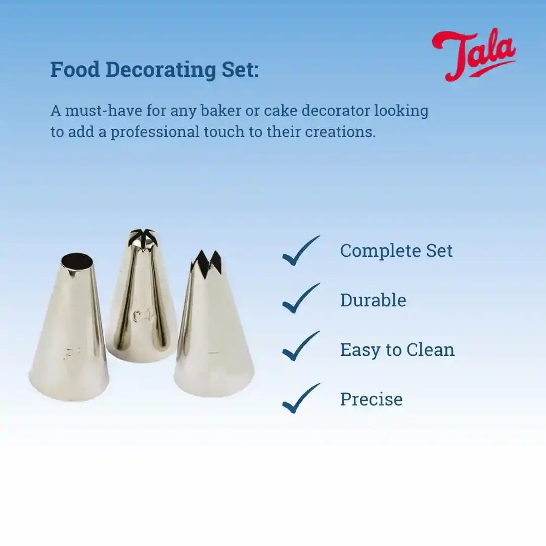 اصنعي تزيينات رائعة للكعك والكوكيز والحلويات مع طقم التزيين من تالا المصنوع من الستانلس ستيل. يتميز بجودة عالية ومتانة قوية