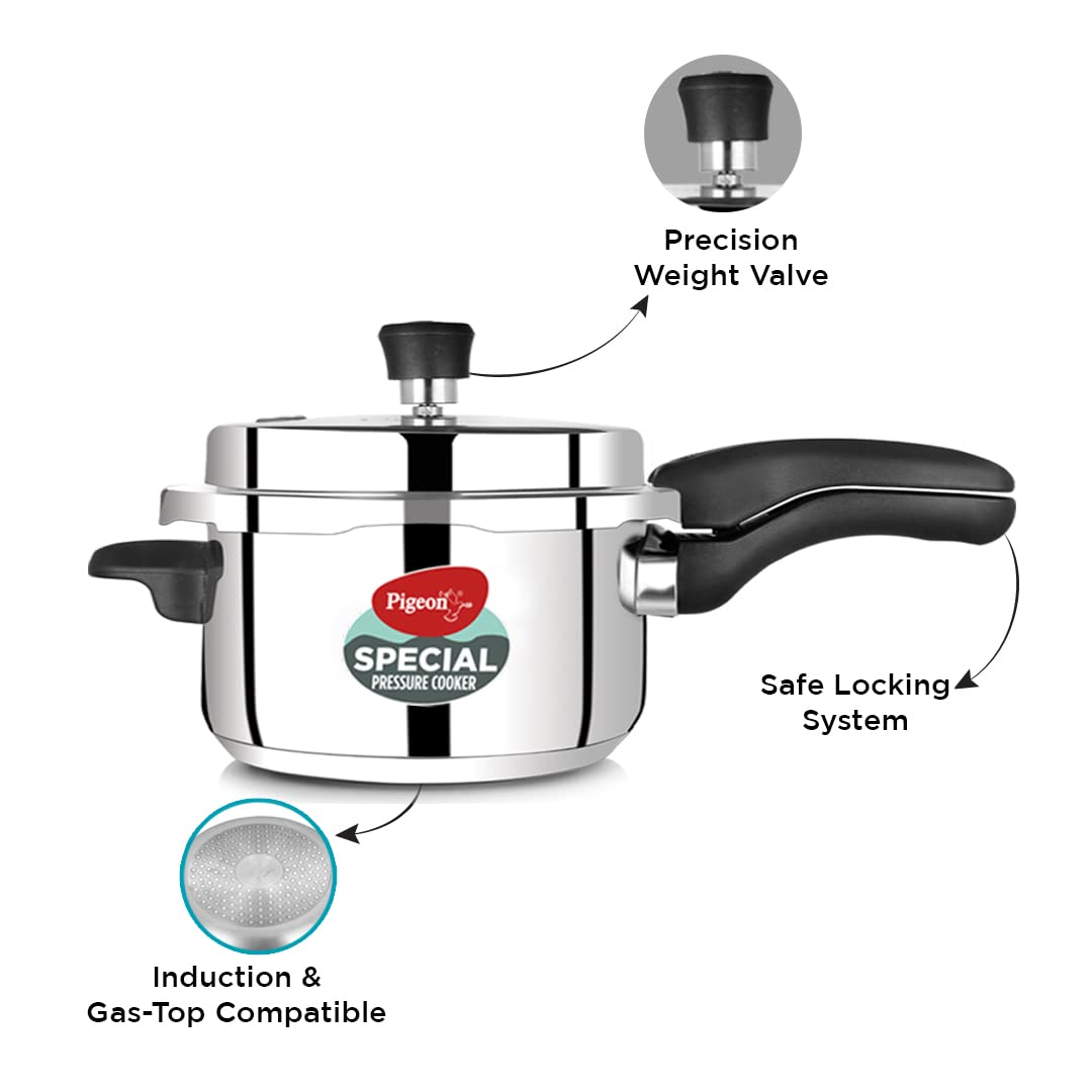 Pigeon By Stovekraft Special Stainless Steel Pressure Cooker with Outer Lid Induction and Gas Stove Compatible 2 3, 5 Litre Capacity for Healthy Cooking (Silver)-Damage Box- Have Scratches