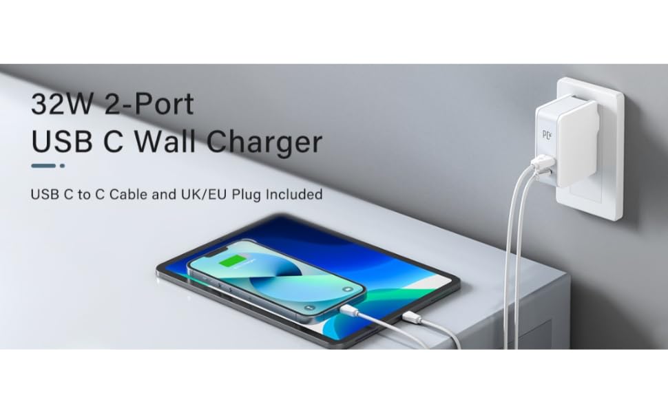 شاحن سريع بـ 2 بورت بي دي بخاصية التعرف التلقائي وكابل USB الى مايكرو يناسب أجهزة متعددة بقدرة 32 وات من لدينو - أبيض A4403C