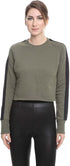 Side Stripe Ribbed Trims Crew Neck Cropped Sweatshirt for Women