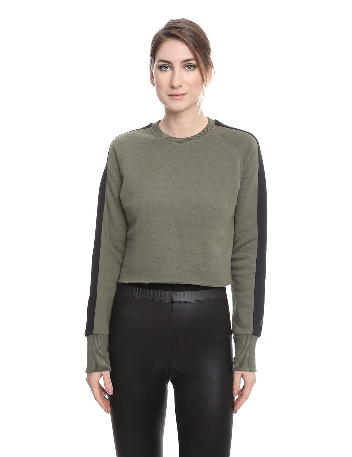 U Athleisure  Side Stripe Ribbed Trims Crew Neck Cropped Sweatshirt For Women,