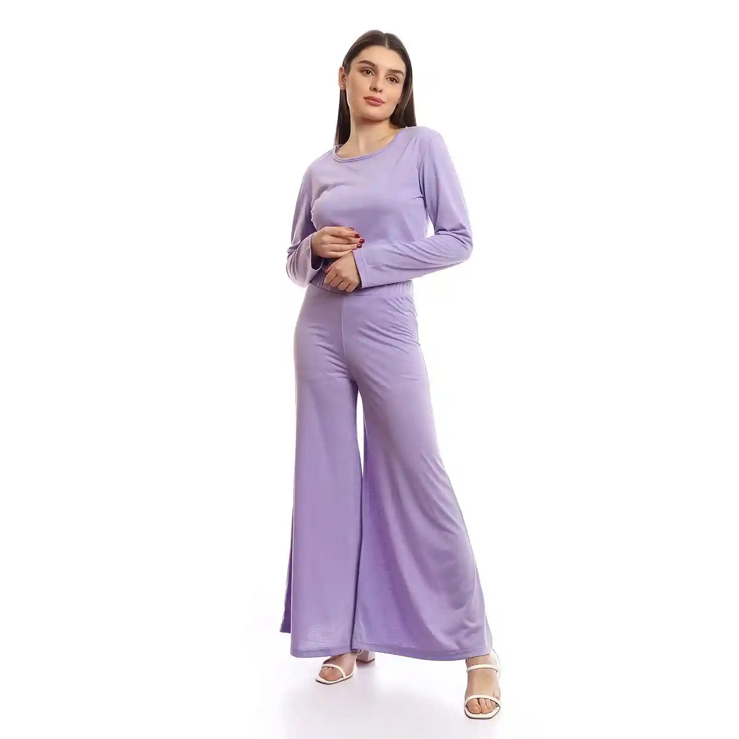 offcliff Women Solid Wide Leg Pants & Long Sleeve Crop Top