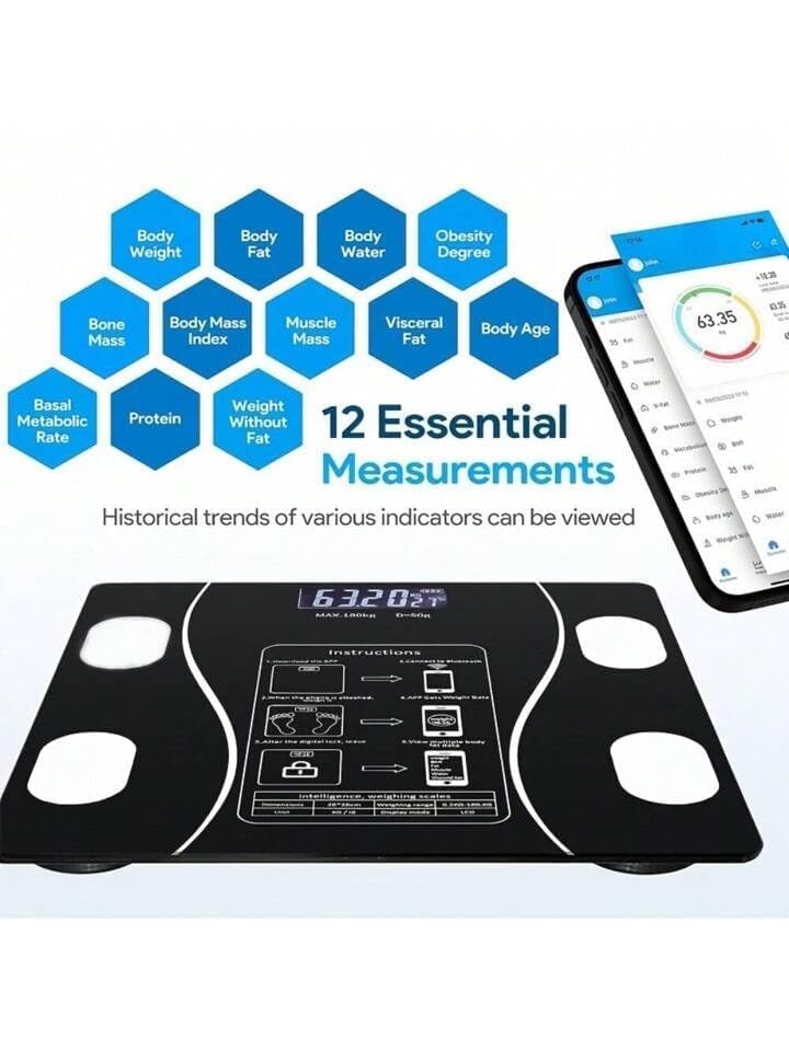 Digital Personal Scale, Smart Body Weight Scale with Bluetooth and App, USB Rechargeable Body Composition Monitor (Black) Provides fast and even heating for optimal performance.
