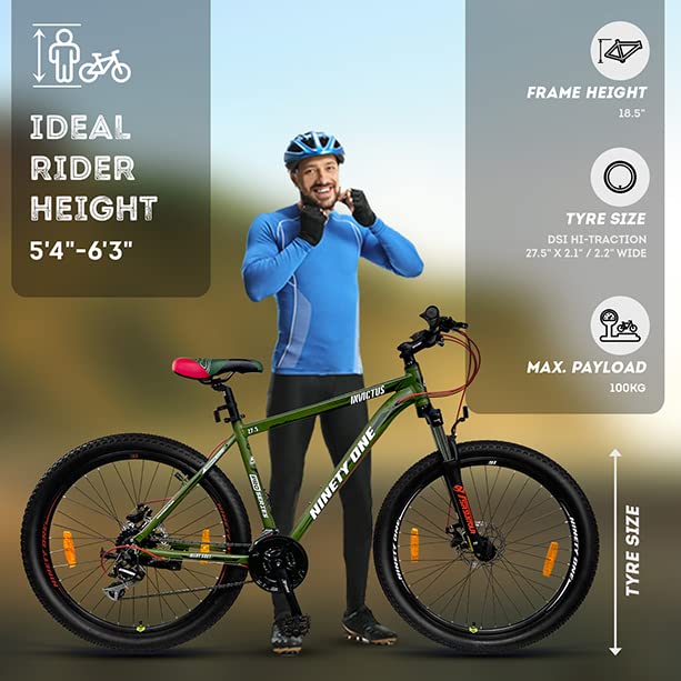 Ninety One Invictus 27.5T 24 Speed Disc Brakes Hybrid Bike ( Military Green, Ideal for: 12+ Years)
