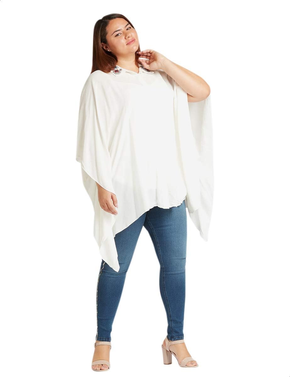 Splash Plain Asymmetrical Hem Concealed Placket Shirt Neck Viscose Blouse For Women.