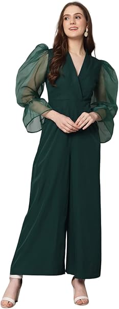 Styleville.in Women’s Wide Leg Jumpsuit Organza Sleeve Green