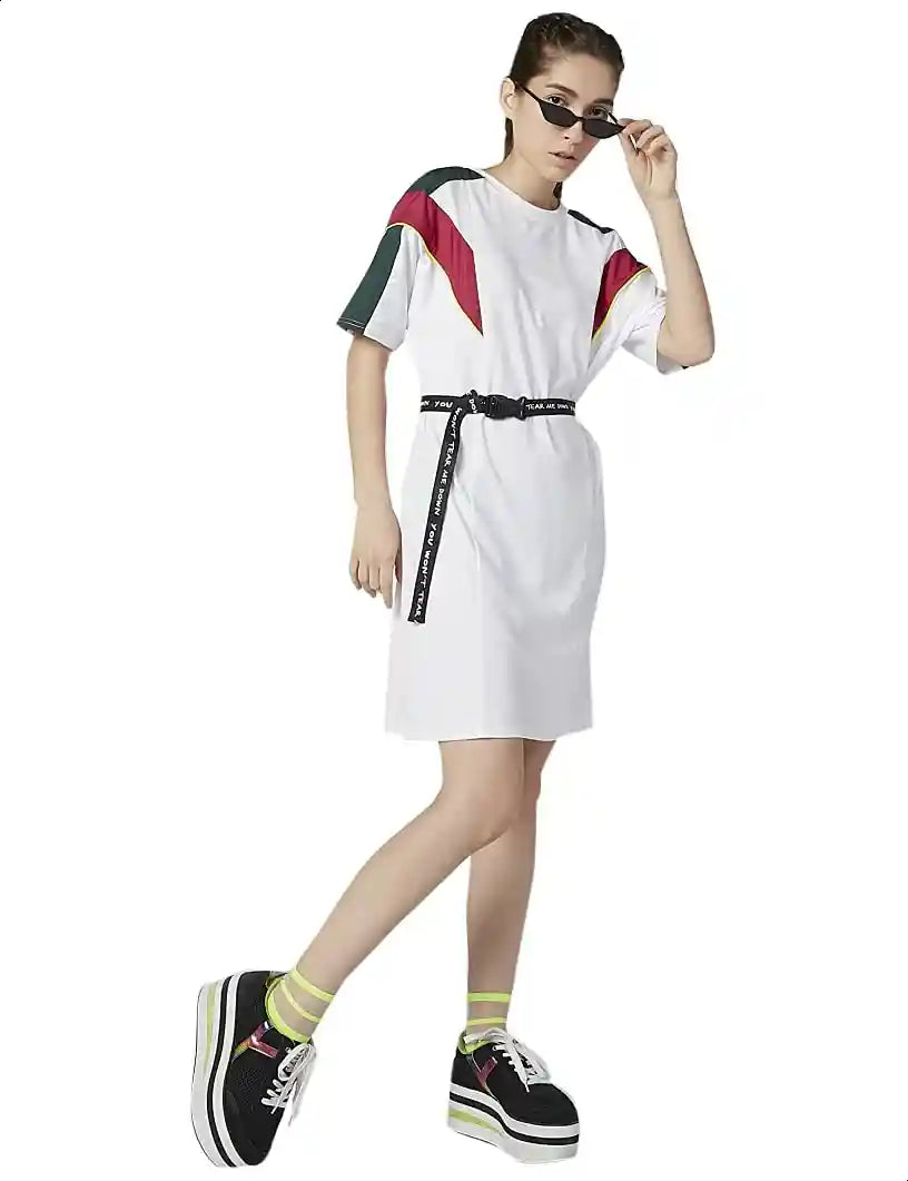 Contrast Panels Short Sleeves Crew Neck with Belt T-shirt Dress for Women - White- Without Belt - Safqqa Egypt