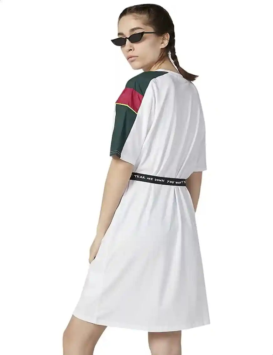 Contrast Panels Short Sleeves Crew Neck with Belt T-shirt Dress for Women - White- Without Belt - Safqqa Egypt