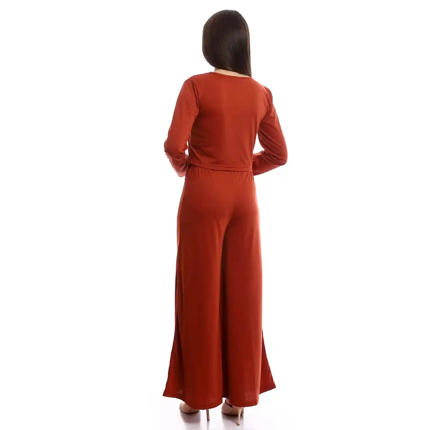 offcliff Women Solid Wide Leg Pants & Long Sleeve Crop Top