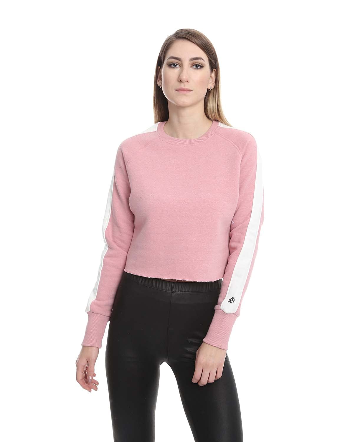 U Athleisure Side Stripe Ribbed Trims Crew Neck Cropped Sweatshirt For Women,