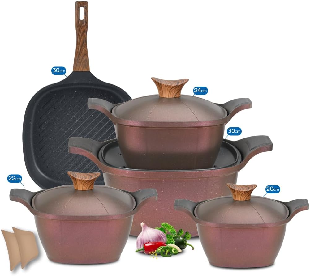 طقم أواني طهي نيوكلاين بتصميم جرانيت كوري 9 قطع (4 حلل + شواية) – رويال