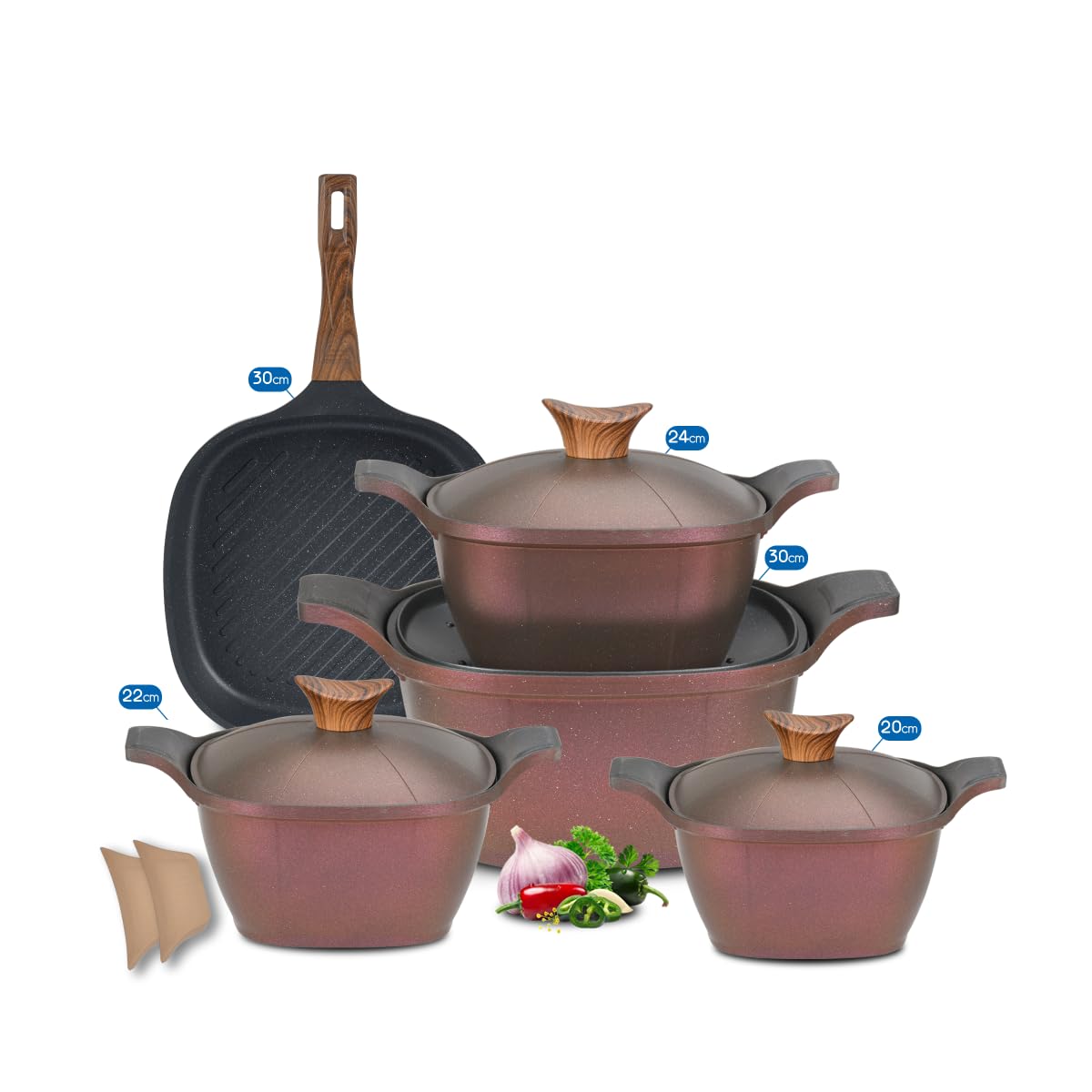 طقم أواني طهي نيوكلاين بتصميم جرانيت كوري 9 قطع (4 حلل + شواية) – رويال