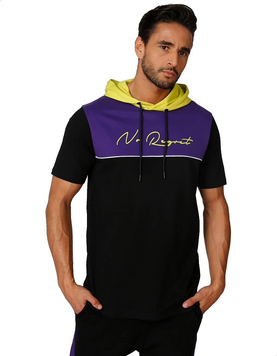 Splash Two-Tone Front Print Short Sleeves Contrast Hooded Sweatshirt for Men