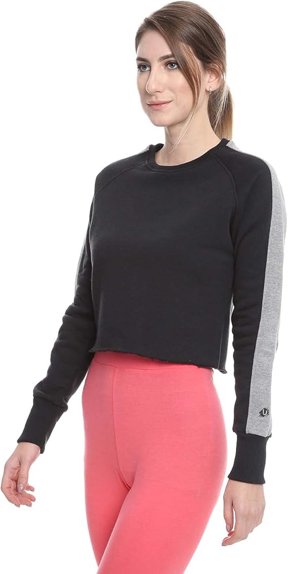 Side Stripe Ribbed Trims Crew Neck Cropped Sweatshirt for Women