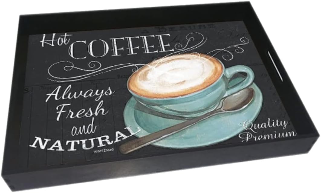 Wooden Rectangle Tray with Hot Coffee Design and Handle for Serving - 40x30 CM, Multi Color